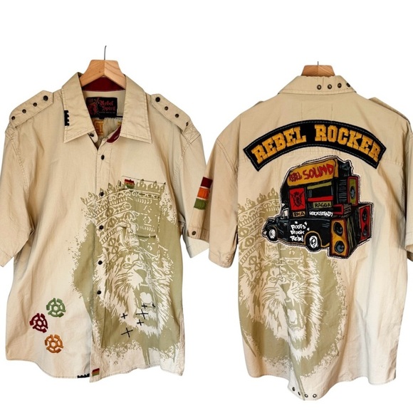 Rebel Spirit Rare Y2K Rebel Rocker Embroidered Button Up Men’s Khaki Top Sz XXL - Picture 1 of 12